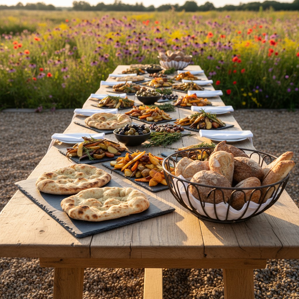 Bread in a basket and several platters with assorted fresh cooked food. There is a spread of bread, and food like french f...