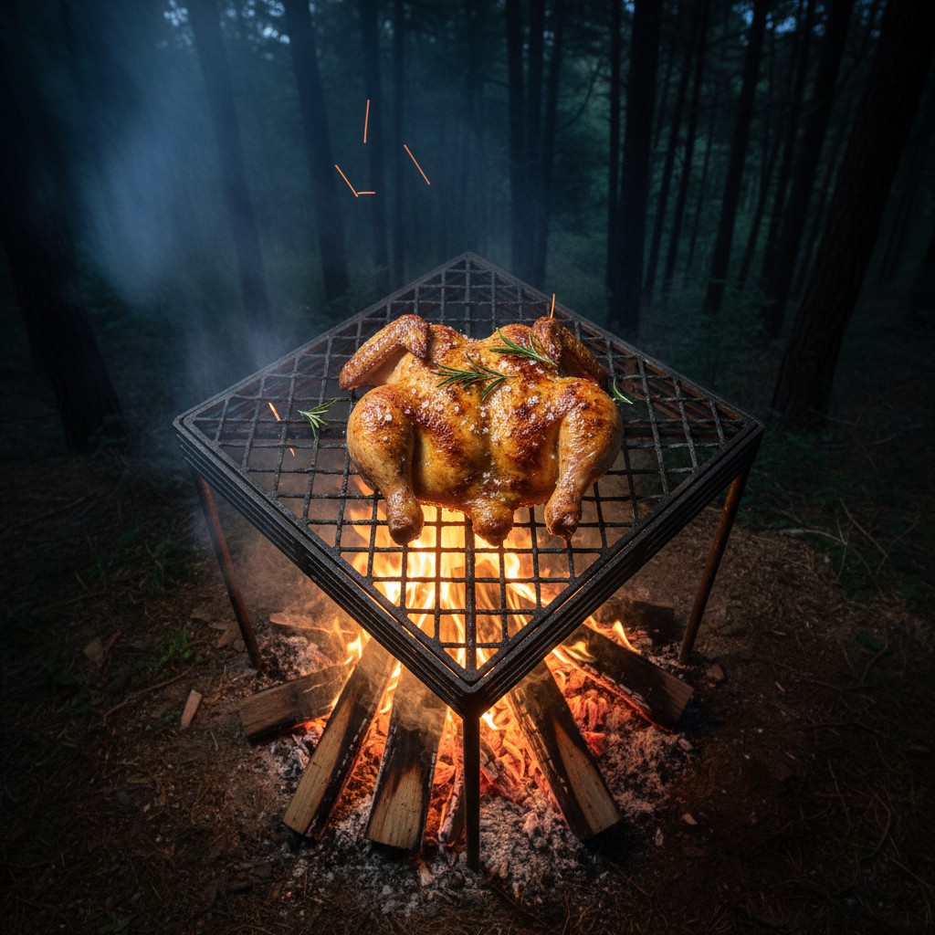 A roasted chicken sits on a grill above a fire, garnished with rosemary and sea salt. The chicken is positioned with its b...
