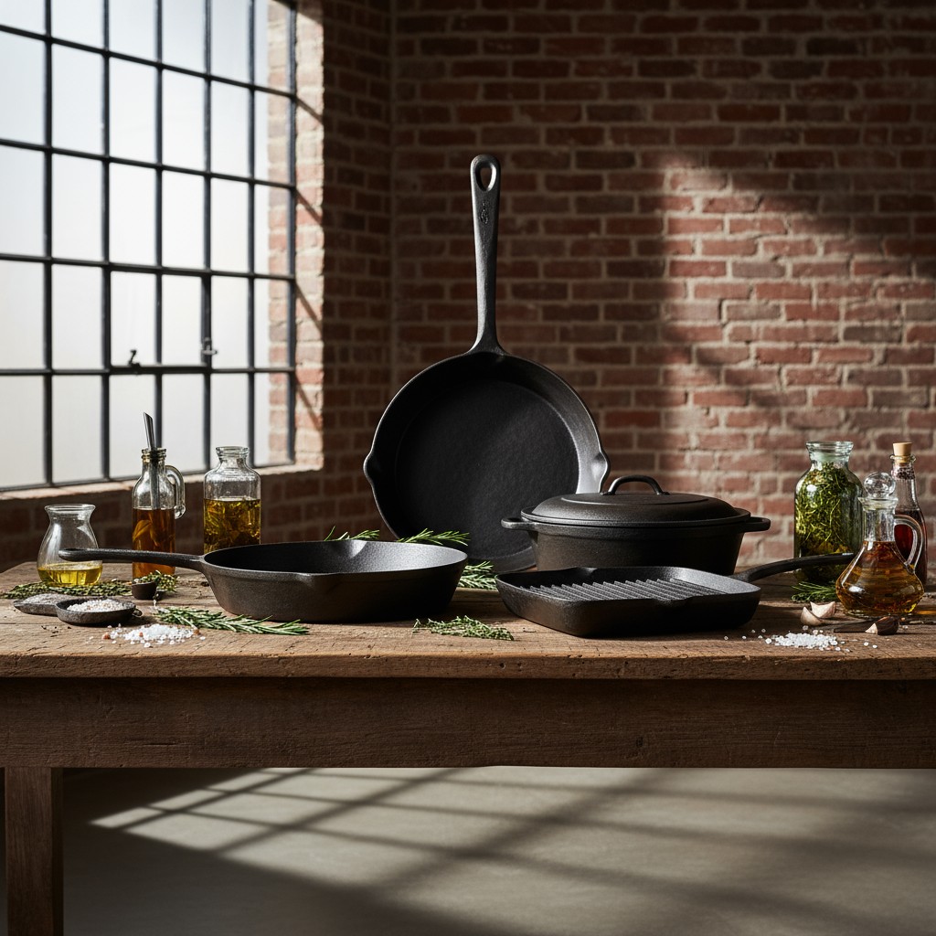 Set of pre-seasoned cast iron cookware with ingredients and herbs on the table.